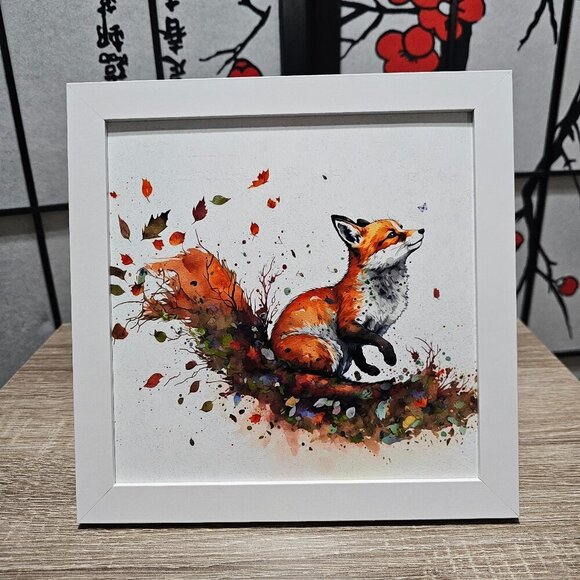 8x8 Framed Fox Winter Landscape Watercolor Oil‎ Painting Art Print - Picture 1 of 5